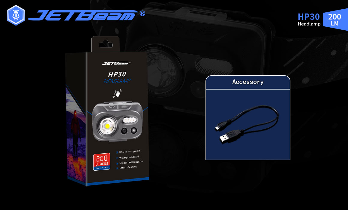 JETBeam HP30 Rechargeable Sensor Headlight Light Weight Running Hiking Mountaineering 200 Lumens Portable Headlamp