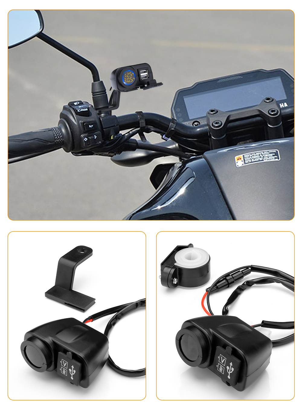 36W QC3.0 Motorcycle Dual USB Charger Fast Charging Voltmeter Thermometer Digital Display Mobile Phone Charger Socket