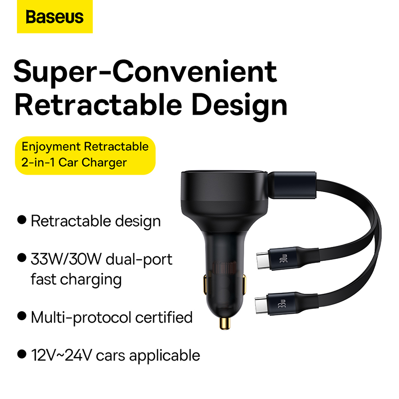 Baseus Enjoyment 33W 2-Port USB PD Car Charger Adapter Dual 33W/30W USB-C PD QC SCP FCP PPS Fast Charging for Huawei Mate50 for Samsung Galaxy S23 for Redmi K60 for Oppo Reno9