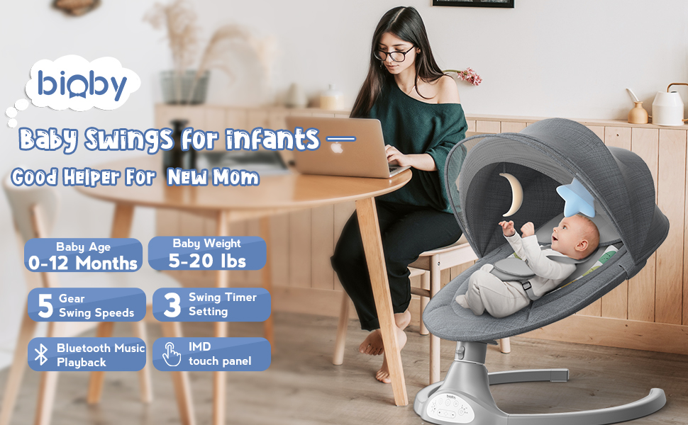 Baby Swings for Infants 0-9 Months 5 Speed Bluetooth Baby Bouncer with 3 Seat Positions & Built-in 12 Music & 3 Timer Settings & 5-Point Harness & Remote Control Touch Screen Chair for 5-20 lb 