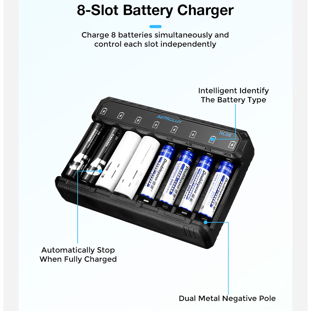 Astrolux® NC08 8 Slot Intelligent Charger For Ni-MH/Ni-Cd/Li-ion AA AAA 1.5V 14500 10440 Battery Type-C 2A Max Charging Speed Quick Charger For LED Flashlight Torch Home Tools RC Kids Toys