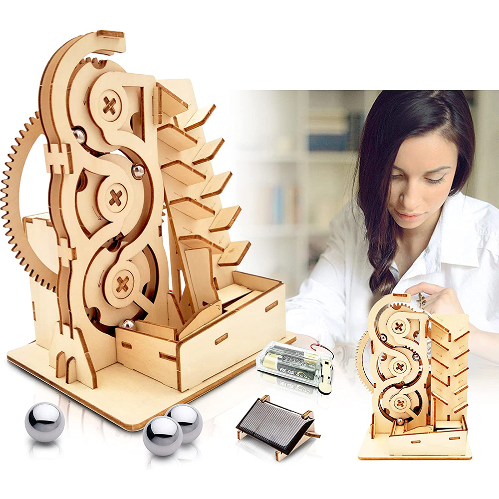 Solar Wooden 3D Jigsaw Puzzle Marble Run DIY Model Kit Craft Sets Educational Wood Mechanical Building Toys Science Experiments Projects Birthday Gift for Adult Men Kids