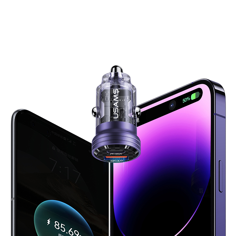 USAMS US-CC175 C35 45W 2-Port USB Car Charger Type-C+USB-A PD3.0 QC3.0 Support AFC FCP SCP PPS Apple2.4 BC 1.2 Fast Charging for iPhone 13 14 14Pro for Huawei Mate50 for Xiaomi 13pro for Oppo Reno9
