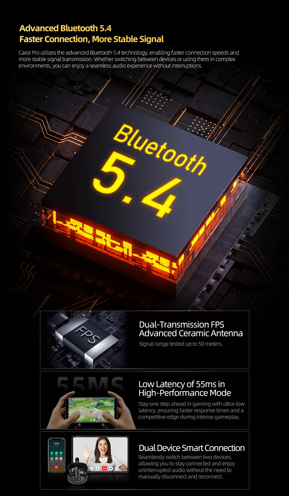 Sluchátka KZ Carol Pro disponují šestimikrofonovou redukcí šumu s umělou inteligencí pro čisté telefonní hovory.