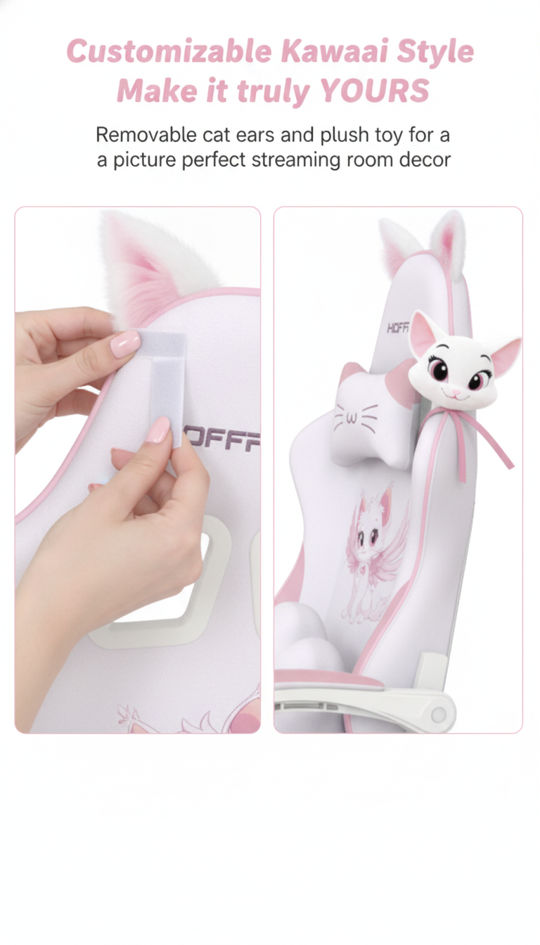 Süße Damen-Gaming-Stuhl, Kawaii-Gamer-Sitz, ergonomischer Bürostuhl, Liege, Leder, Tasche, Federkissen, Massage, Lendenkissen, Katzenohren, Fußstütze, 350 Pfund, Drehsessel, PC, Esports, Mädchen, Streamer, Geschenk Hoffree