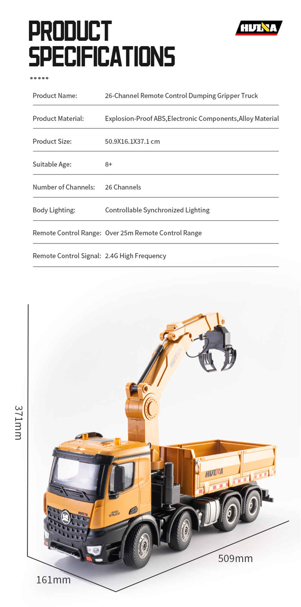 HUINA 1538 1/14 2.4G 26CH Semi-alloy RC Car Grabbing Wood Dump Truck 3-in-1 Vehicle Model RTR