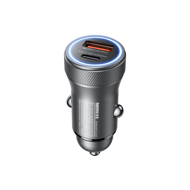 for REMAX RCC335 30W 2-Port USB Car Charger Adapter 22.5W USB-A QC 30W Type-C PD Fast Charging with Blue LED for iPhone 13 14 14Pro 14Pro Max for Huawei Mate50 for Samsung Galaxy S23 for Xiaomi 13pro
