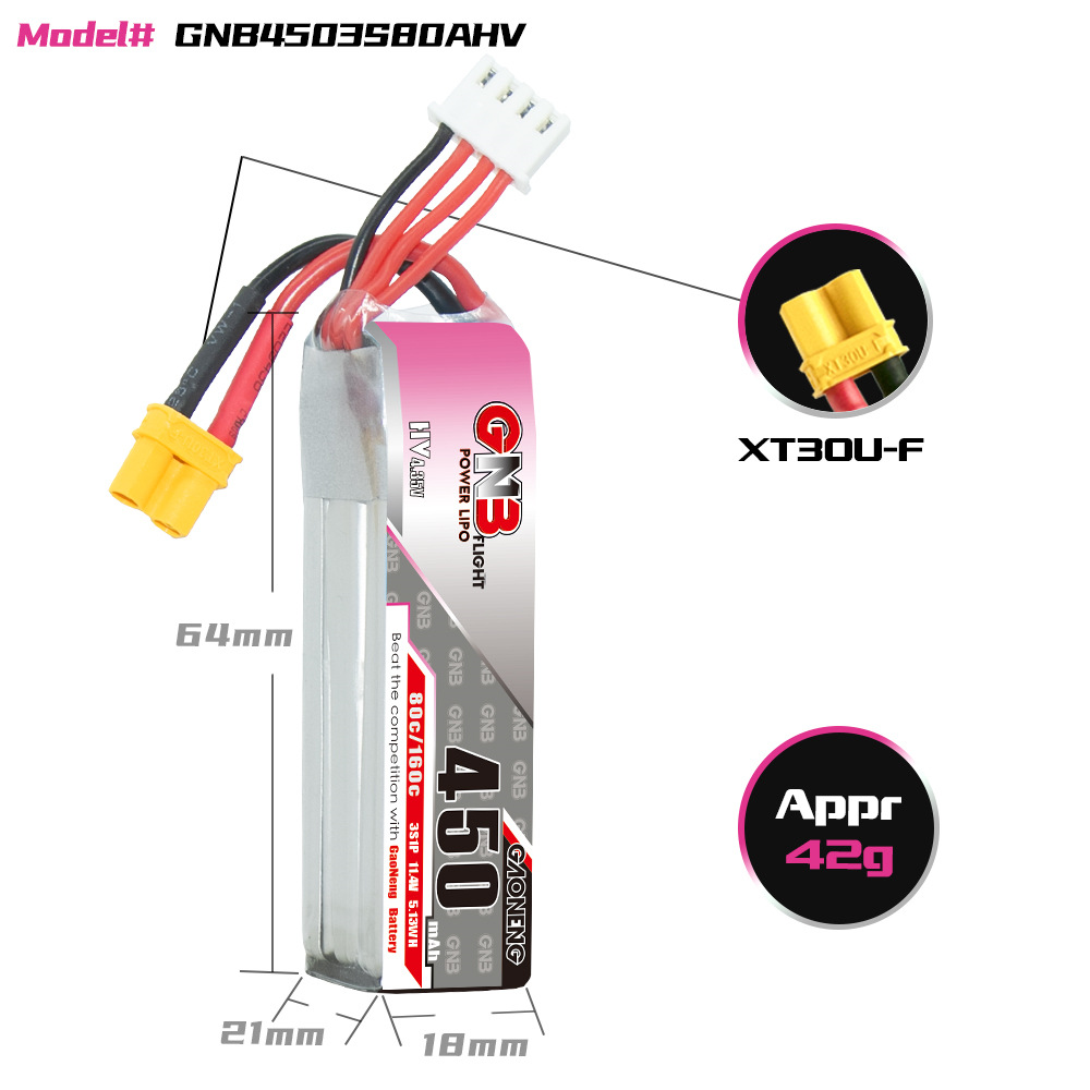 Gaoneng GNB 11.4V 450mAh 80C 3S HV LiPo Battery XT30 Plug for RC Drone