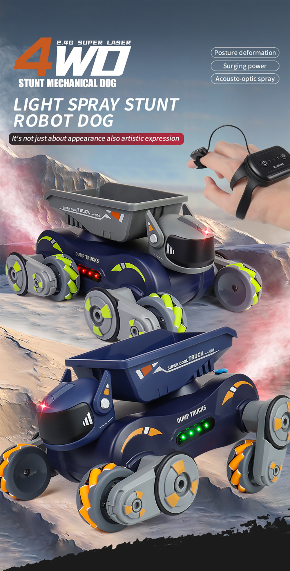 JC013P 2.4G 4WD RC Car Robot Dog Radio Gesture Induction Music Light Stunt Remote Control Car off-Road Control Boys Toys for Children Gifts