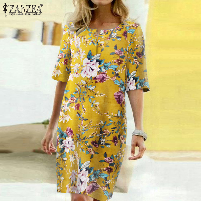 2021 Summer Floral Printed Bohemian Sundress ZANZEA Vintage Cotton Linen Party Short Dress Women Casual Short Sleeve Vestidos 7