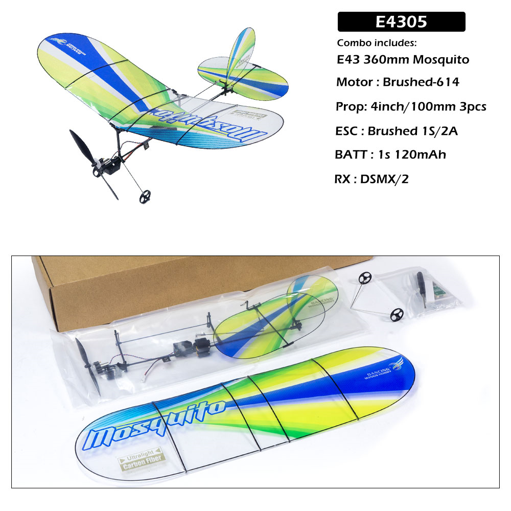 Dancing wings hobby e43 mosquito 360mm wingspan slow flyer indoor mini rc airplane pnp with dsmx/2 rx & tx combo 
