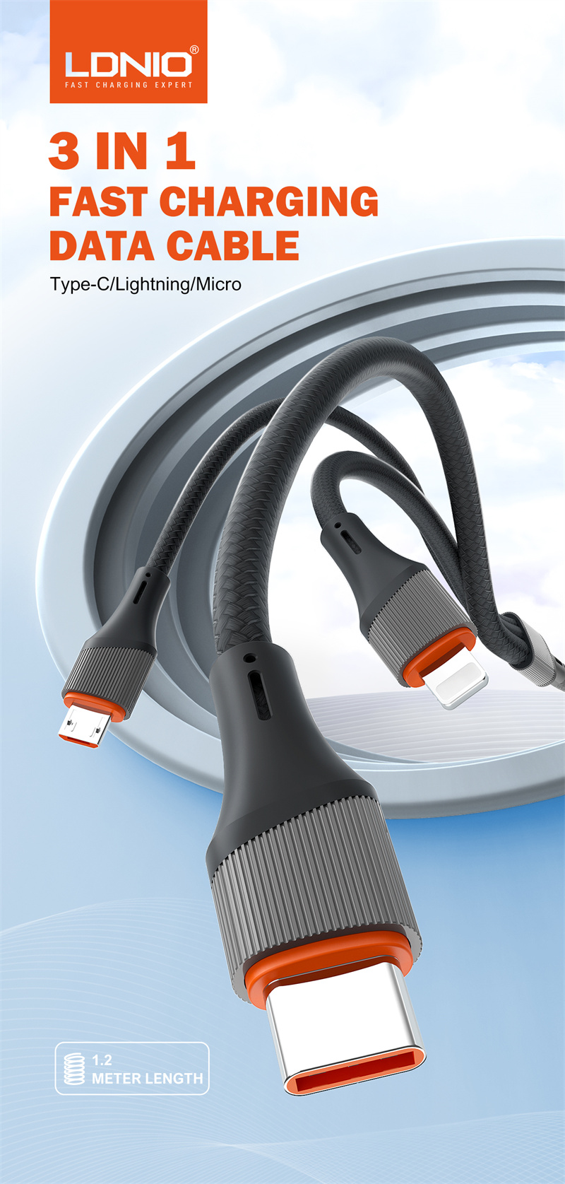 LDNIO LC96U 4.2A USB-A to iP/Micro/USB-C Cable Fast Charging Data Transmission Copper Core Line 1.2M Long for iPhone 16 15 14 Pro Max for Xiaomi MIX Fold4 for Huawei Mate XT for Samsung Galaxy Z Flip6