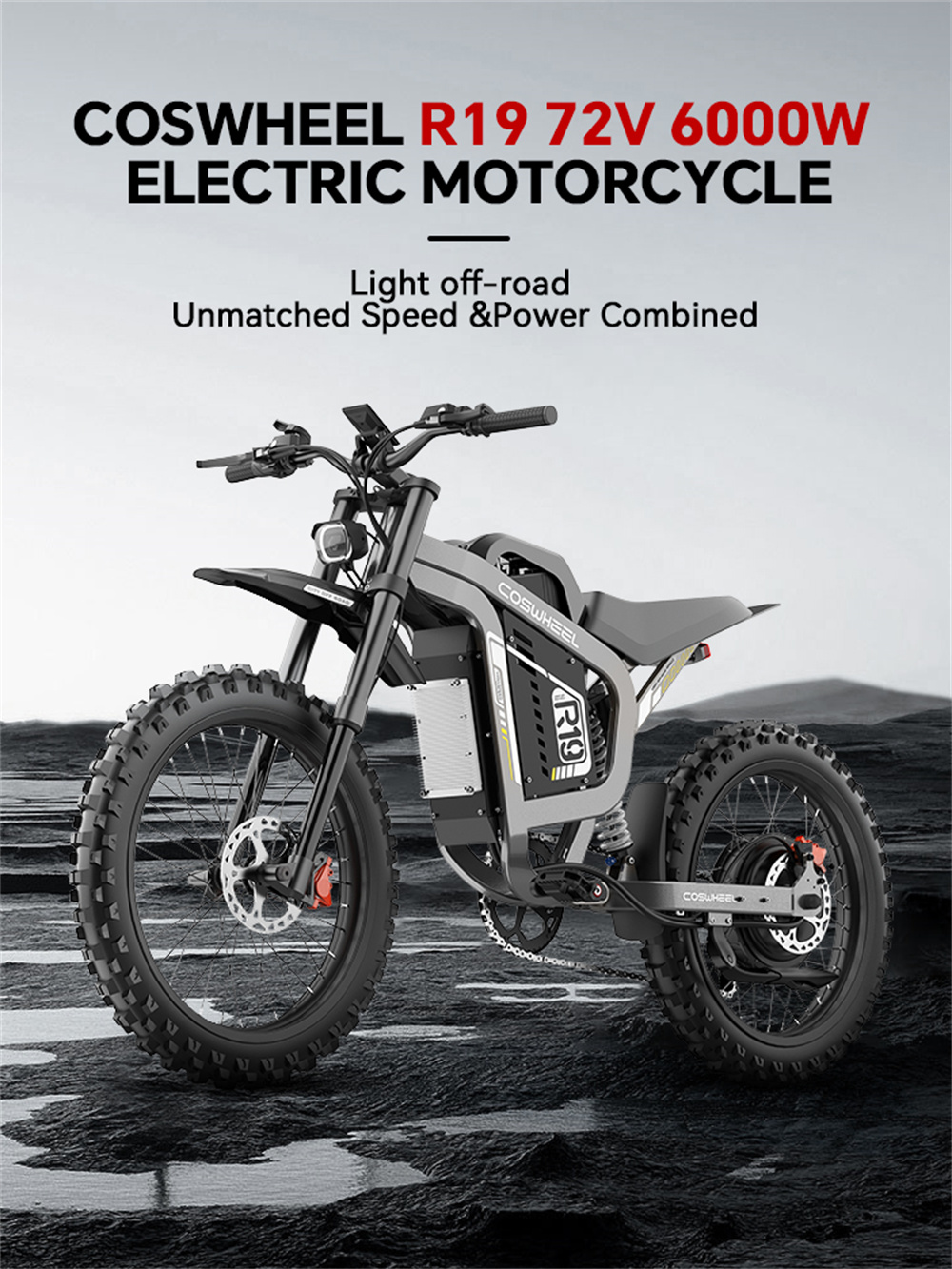 [USA DIRECT] COSWHEEL R19 Electric Bike 72V 40AH 3000W(Peak 6000W) Motor Recommended Top Speed 25KM/H Front Tires: 70/100-19,Rear Tires: 80/100-19 Tire 200KM Max Mileage 120KG Max Load Electric Bicycle