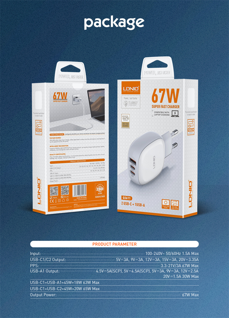 GaN Tech] LDNIO Q3611 67W 3-Port USB PD Charger USB-A+Dual USB-C