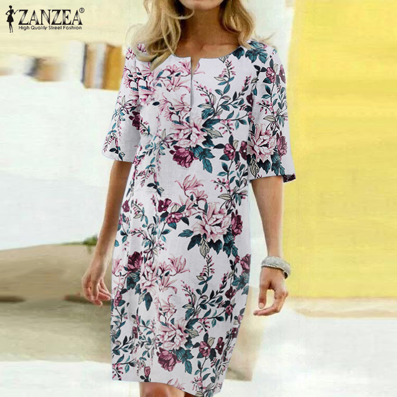 2021 Summer Floral Printed Bohemian Sundress ZANZEA Vintage Cotton Linen Party Short Dress Women Casual Short Sleeve Vestidos 7