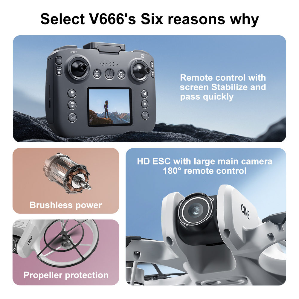 YCRC V666 WiFi FPV with LCD Screen Controller HD ESC Dual Camera Optical Flow Hover Automatic Obstacle Avoidance Brushless LED Light Circle Protection Kids Gifts 2.4G 4CH 6-Axis Remote Control RC Toys Drone Quadcopter RTF