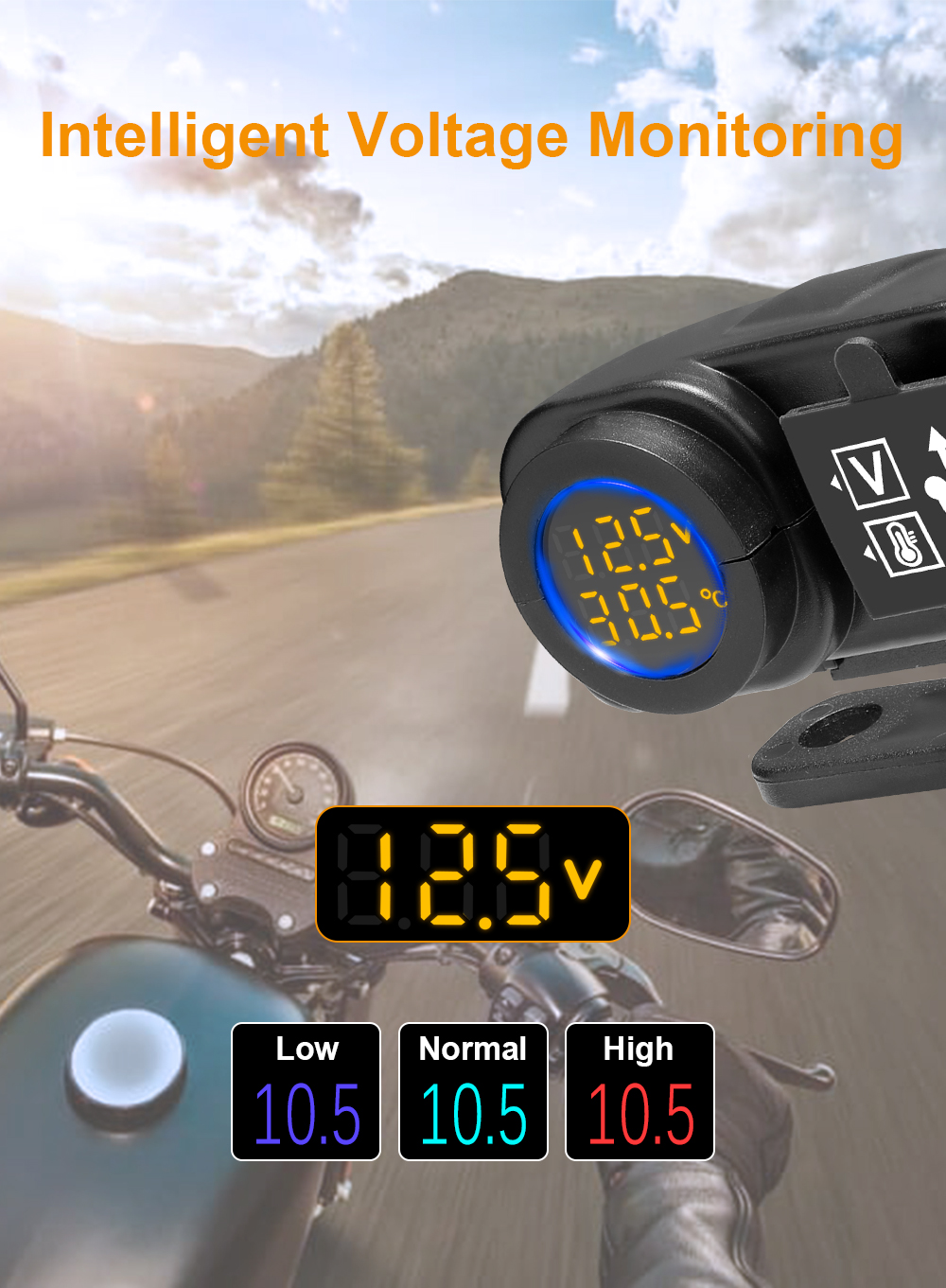 36W QC3.0 Motorcycle Dual USB Charger Fast Charging Voltmeter Thermometer Digital Display Mobile Phone Charger Socket