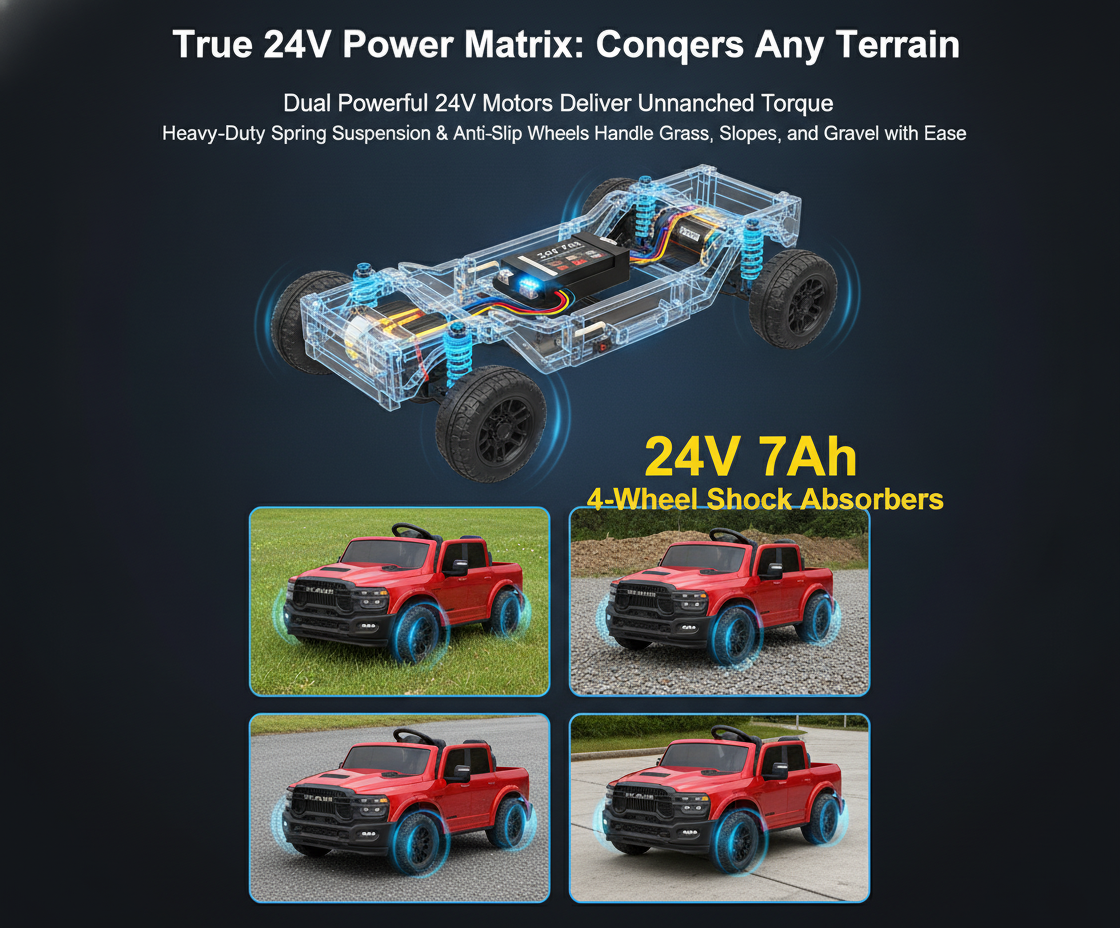 FUNTOK Licensed RAM Kids Ride on Car 24V 2 Seater Electric Pickup Truck 2.4G Remote Control Battery Powered Vehicle LED Lights Bluetooth Music Storage Trunk Toddler Boys Girls Outdoor Gift