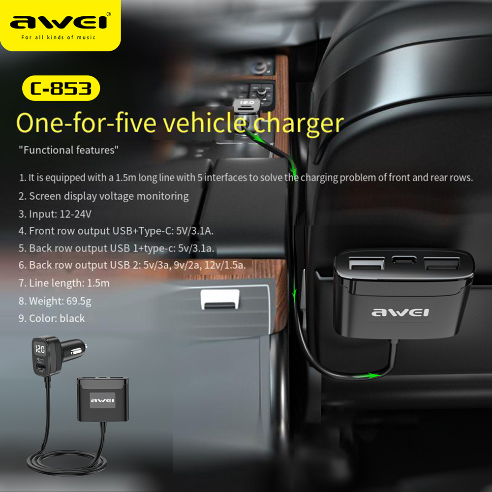 Awei C-853 5-Port USB Car Charger Adapter 3USB-A+2Type-C Fast Charging with 1.5M Long Line for iPhone 12 13 14 Pro for Huawei Mate50 for Samsung Galaxy S23 for Xiaomi 13pro