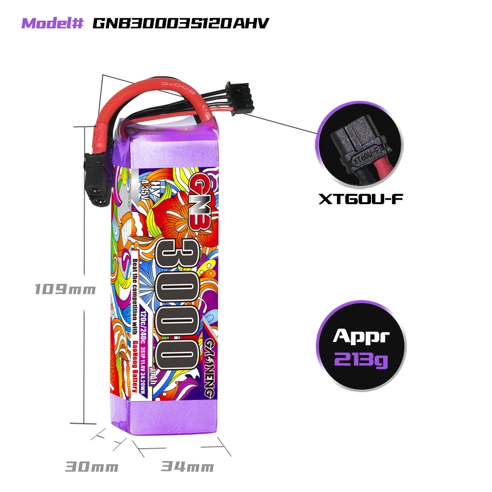 Gaoneng GNB 11.4V 3000mAh 120C 3S LiHV Lipo Battery T / XT60 / XT90 Plug for Helicopter RC FPV Racing Drone