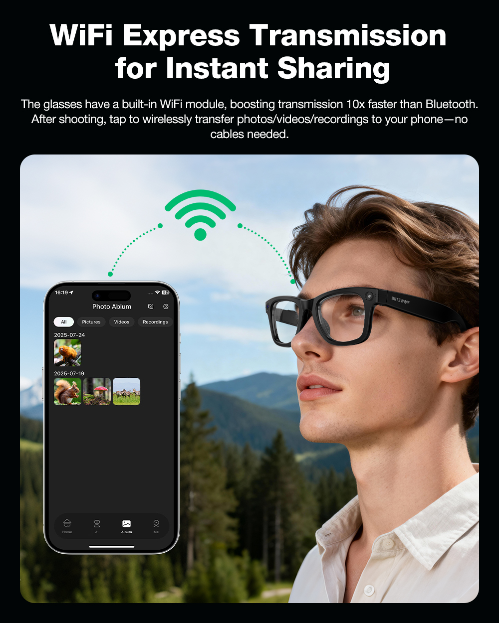 BlitzWolf BW-AG1 Pro AI智慧眼鏡詳細評測 6 BlitzWolf BW-AG1 Pro 眼鏡上的揚聲器提供 3D 立體聲效果的示意圖。