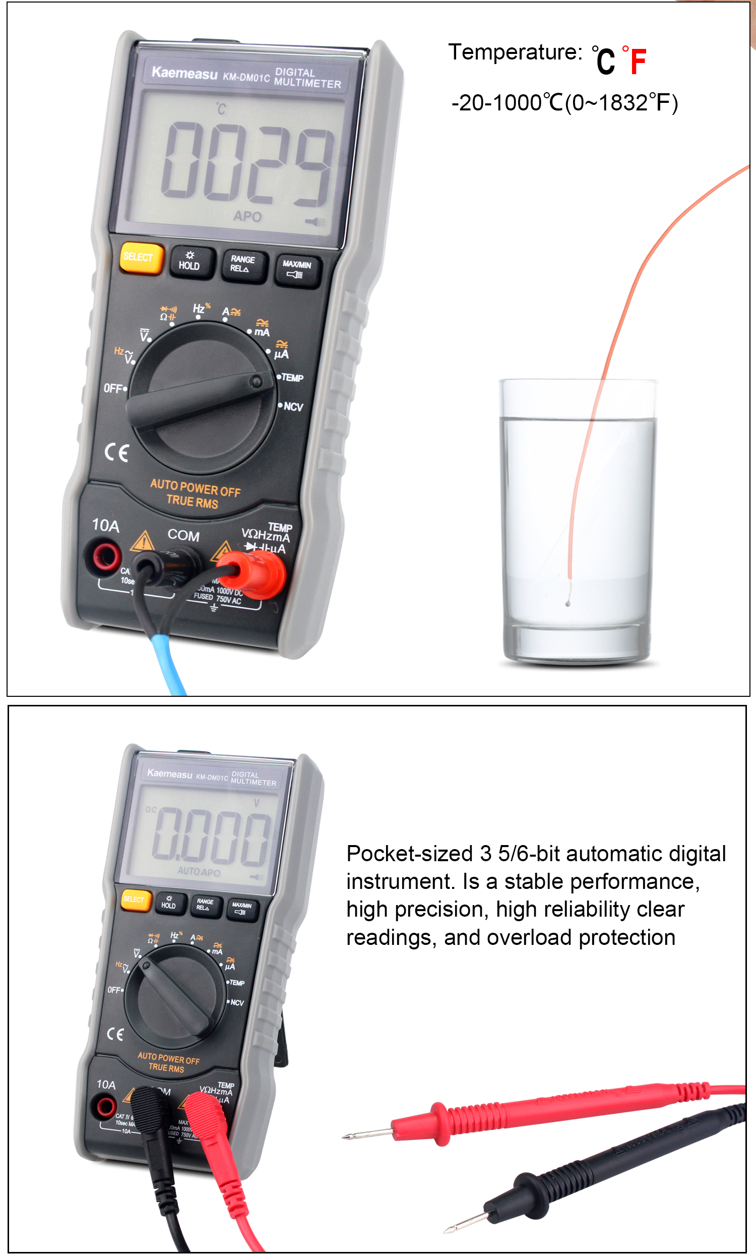 Kaemeasu KM-DM01C Portable Mini Digital Multimeter Auto-Ranging Electrician's Tool with DC/AC Voltage Current Resistance Capacitance Frequency Duty Cycle & Temperature Measurements Ultimate Tool for DIY Enthusiasts