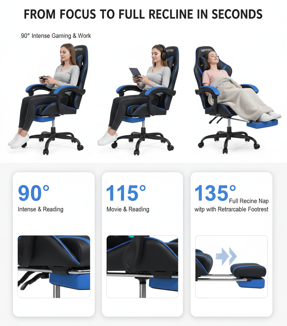 Cadeira de jogos ergonômica, cadeira de escritório giratória com descanso para os pés, suporte lombar, encosto alto, ajustável, couro PU, para PC, adolescentes e adultos, Hoffree