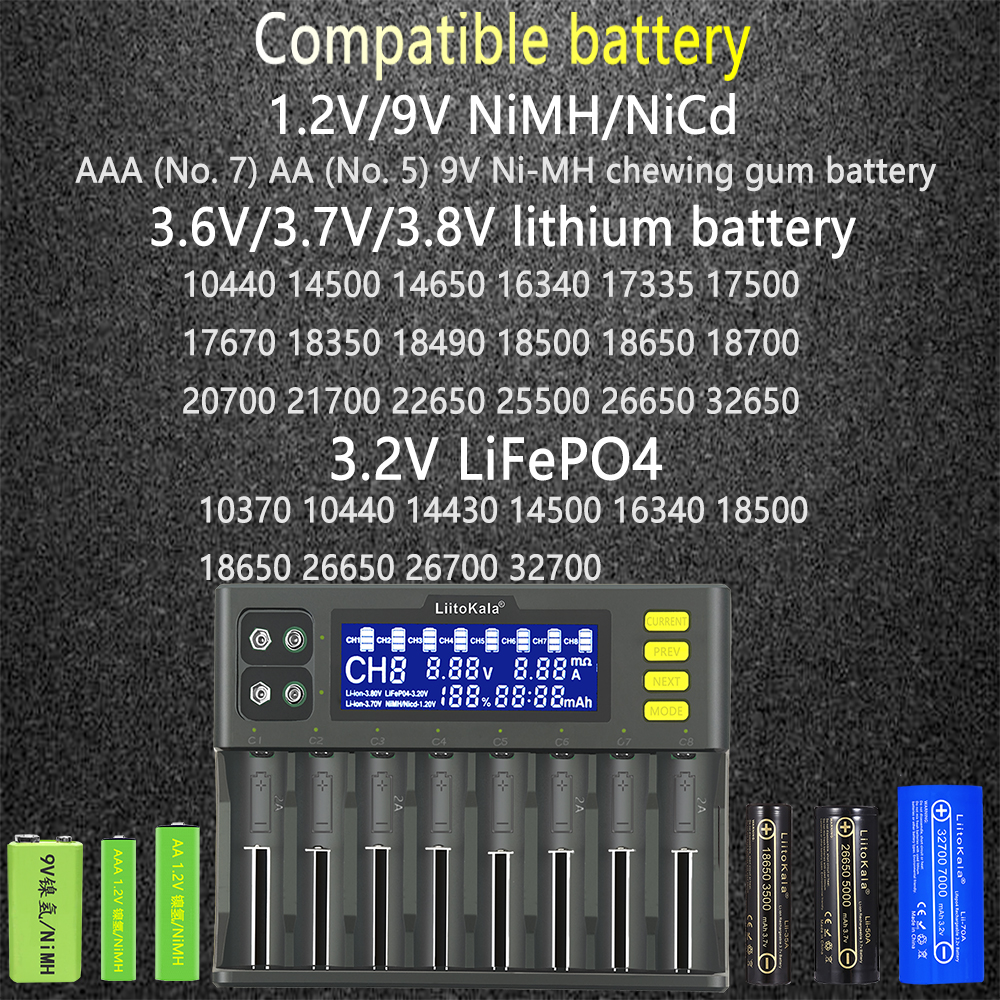 LiitoKala LII-S8 8 Slots LCD Display Battery Charger for Li-ion(IMR/ICR) LiFePO4 Ni-MH/Cd AA AAA C 18650 21700 26650 18350 14500 RCR123 Cells & 9V Batteries