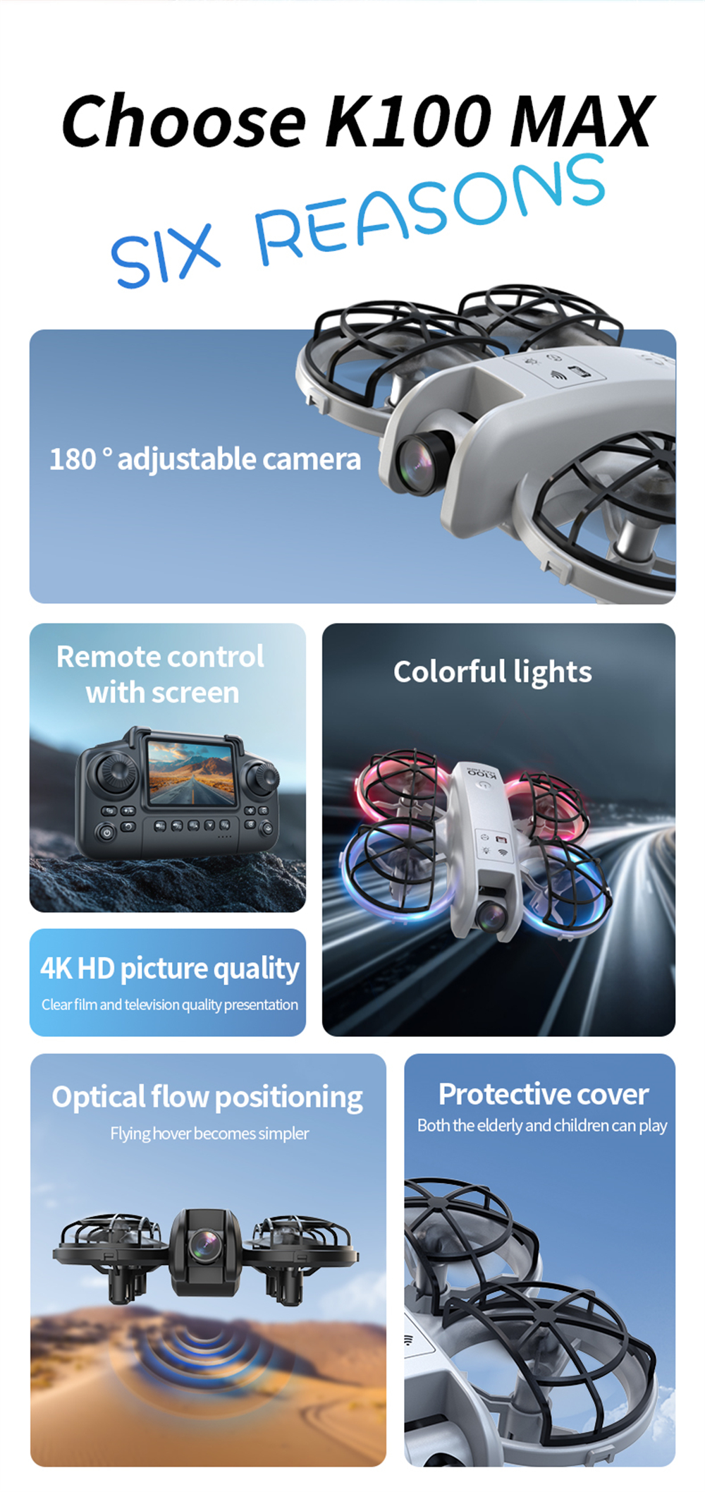 XKJ K100 MAX MINI WiFi FPV with LCD Screen Controller HD Dual Camera Optical Flow Hover Dazzling Lights Circle Protection Kids Gifts 2.4G 4CH 6-Axis Remote Control RC Toys Drone Quadcopter RTF