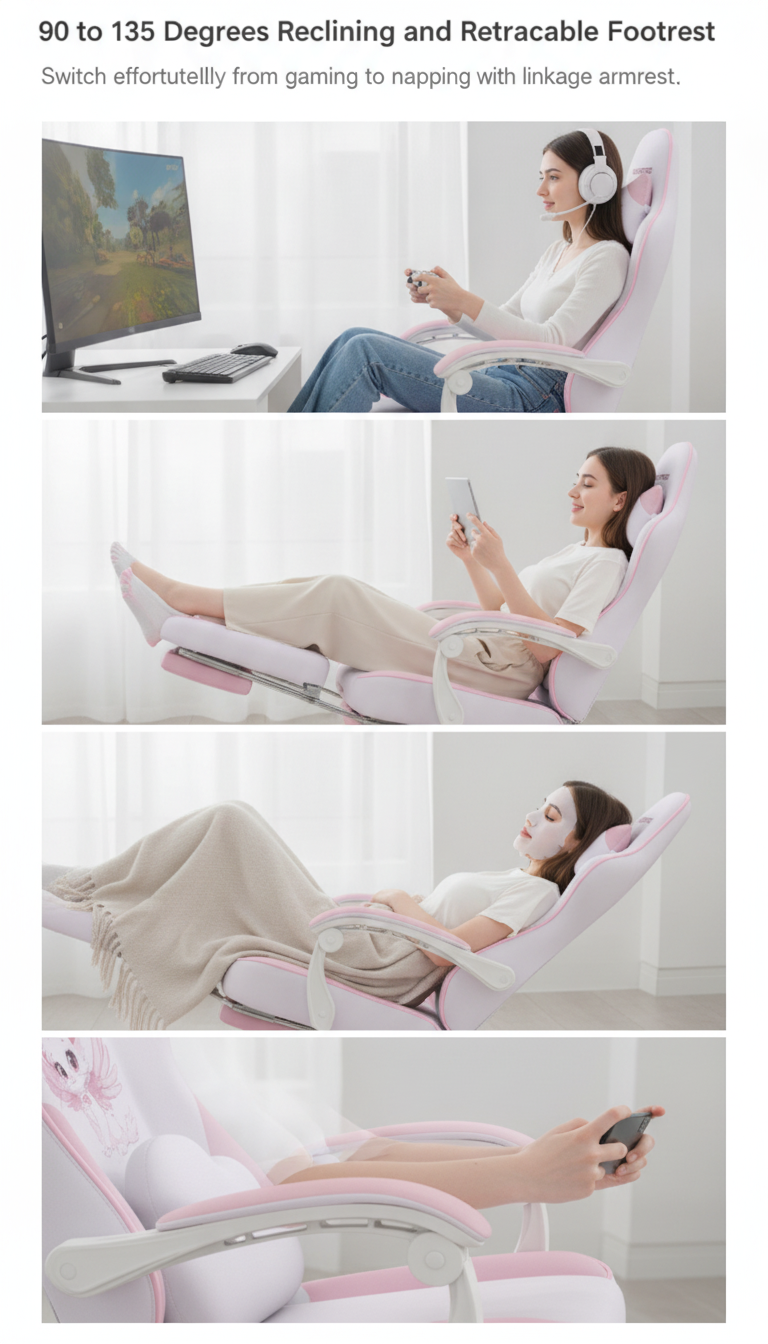 Süße Damen-Gaming-Stuhl, Kawaii-Gamer-Sitz, ergonomischer Bürostuhl, Liege, Leder, Tasche, Federkissen, Massage, Lendenkissen, Katzenohren, Fußstütze, 350 Pfund, Drehsessel, PC, Esports, Mädchen, Streamer, Geschenk Hoffree