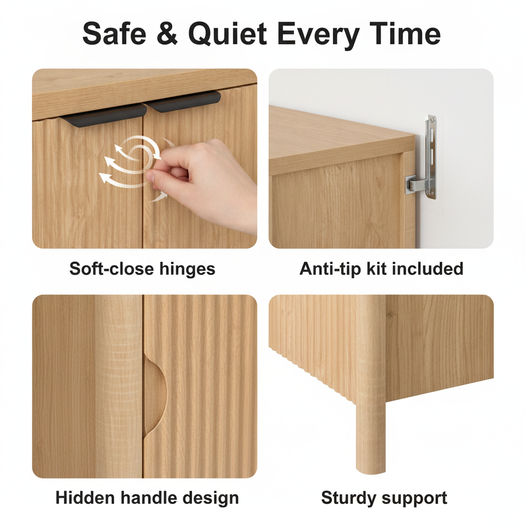 Moderner Flachplatten-Schrank seitlich: Buffet, verstellbare Regale, Holzrippung Akzent Konsole Tisch Aufbewahrung-Organizer Kaffee Bar Eingangsbereich Wohnzimmer Hommpa