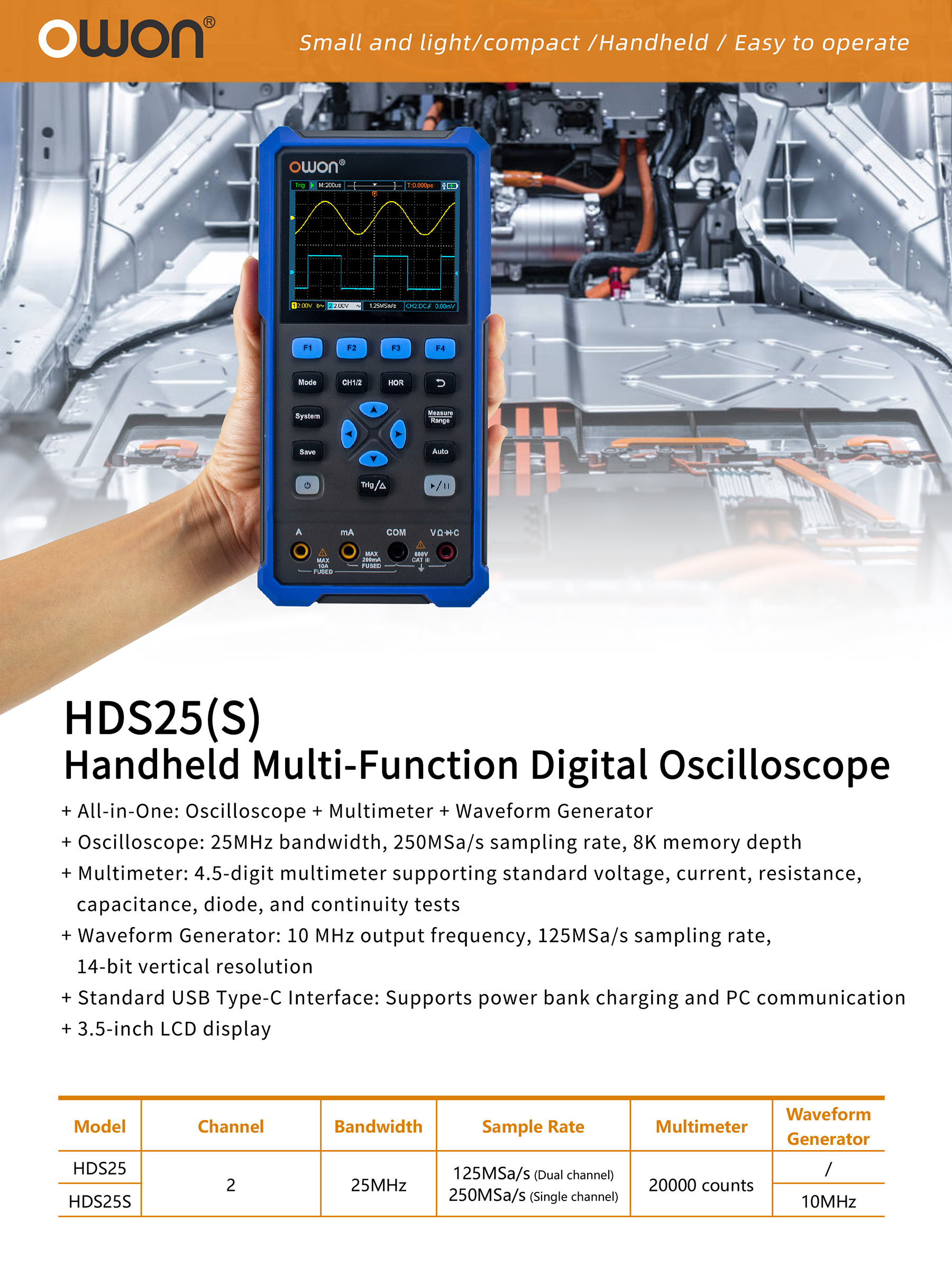 OWON HDS25/HDS25S 25MHz Dual Channel Oscilloscope with Multimeter