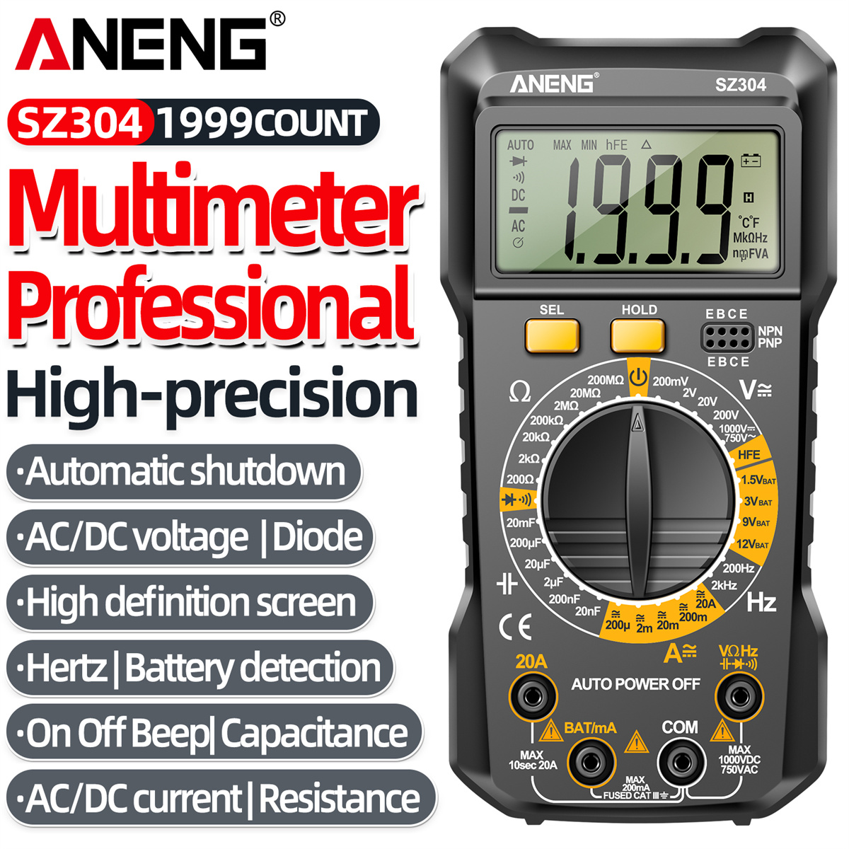 ANENG SZ304 Digital Multimeter, Durable ABS Body, Accurate Measurement of Voltage Current Resistance Capacitance Frequency with Diode Data Retention & Automatic Shutdown Essential Tool for Electrical Testing and Troubleshooting