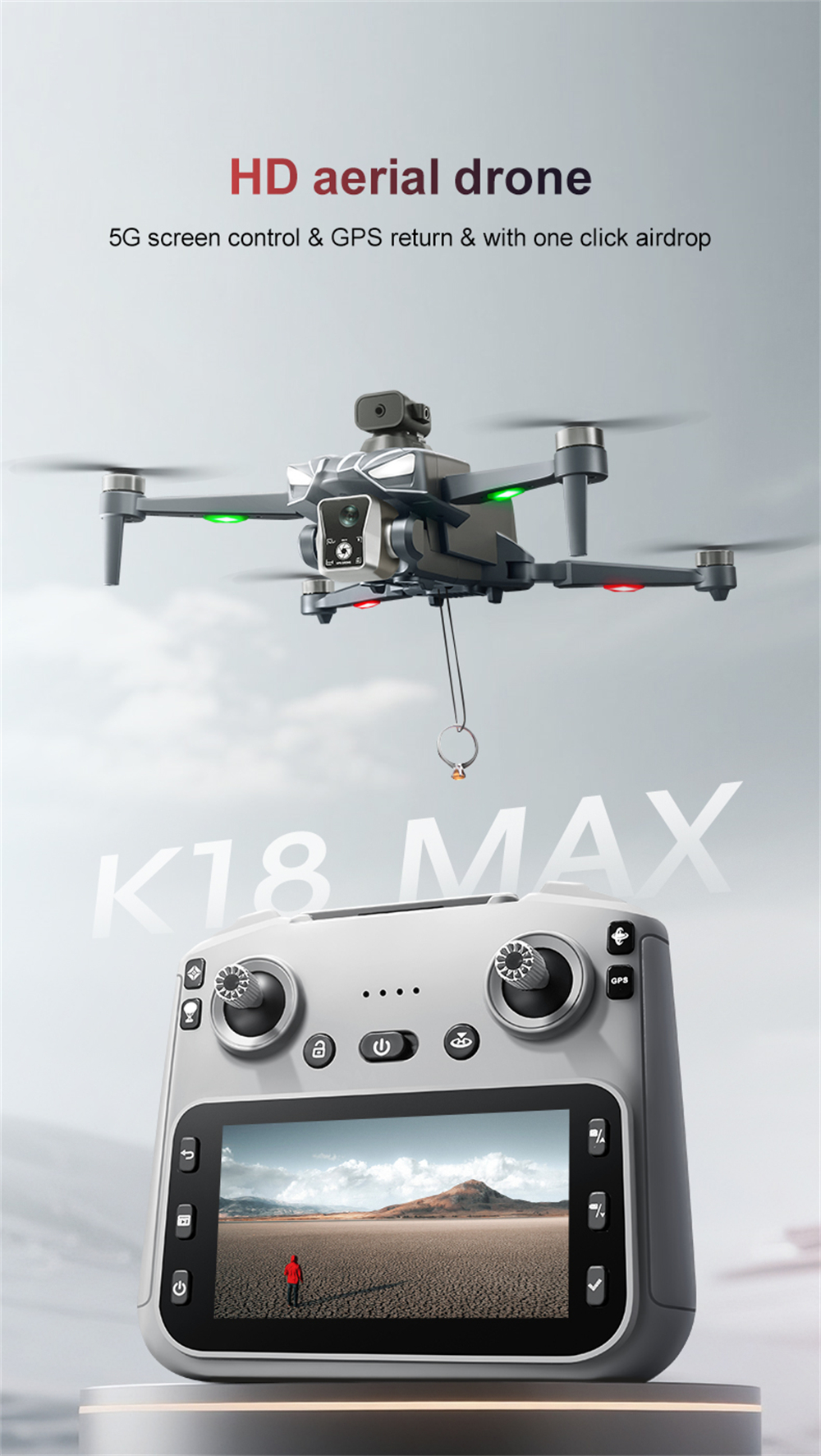 XKJ K18 MAX GPS 5G WiFi FPV with 5.9inch LCD Screen Controller HD Dual Camera Servo Gimbal 360° Obstacle Avoidance One-Key Airdrop Brushless Foldable RC Drone Quadcopter RTF