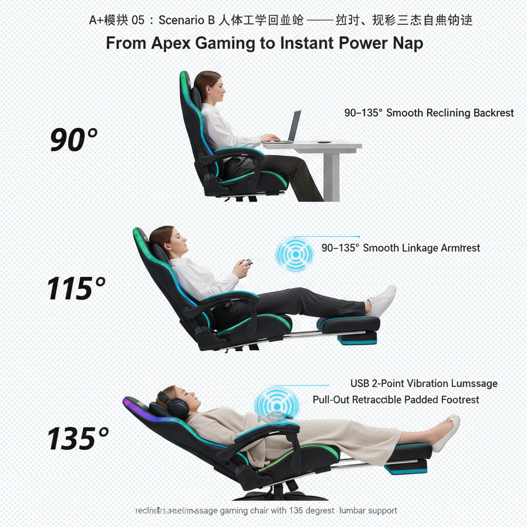 Hoffree RGB LED Gaming Chair Bluetooth Speaker Ergonomic Massage Lumbar High Back Recliner with Footrest 400lbs Heavy Duty Big Tall PU Leather Swivel Computer Desk Seat for Adults Hoffree