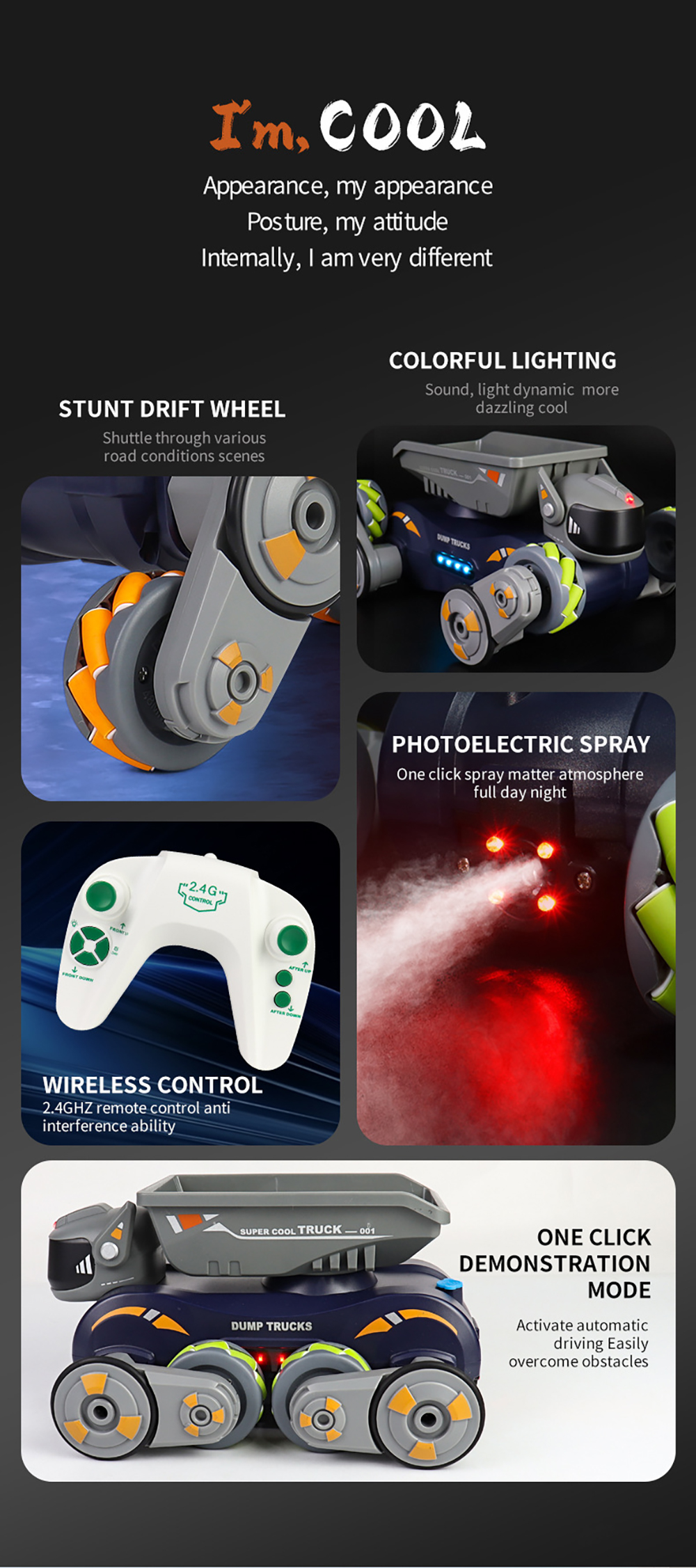 JC013P 2.4G 4WD RC Car Robot Dog Radio Gesture Induction Music Light Stunt Remote Control Car off-Road Control Boys Toys for Children Gifts
