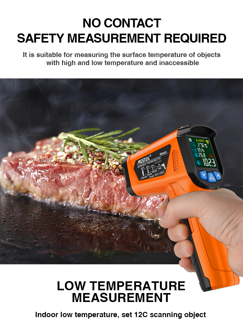 MESTEK Advanced Infrared Thermometer IRO2C Wide Temperature Range (-50°C to 800°C) Adjustable Emissivity 12-Point Laser Inverted Color Screen HD Backlight Accurate Measurements Ideal for Industrial HVAC and Home Use