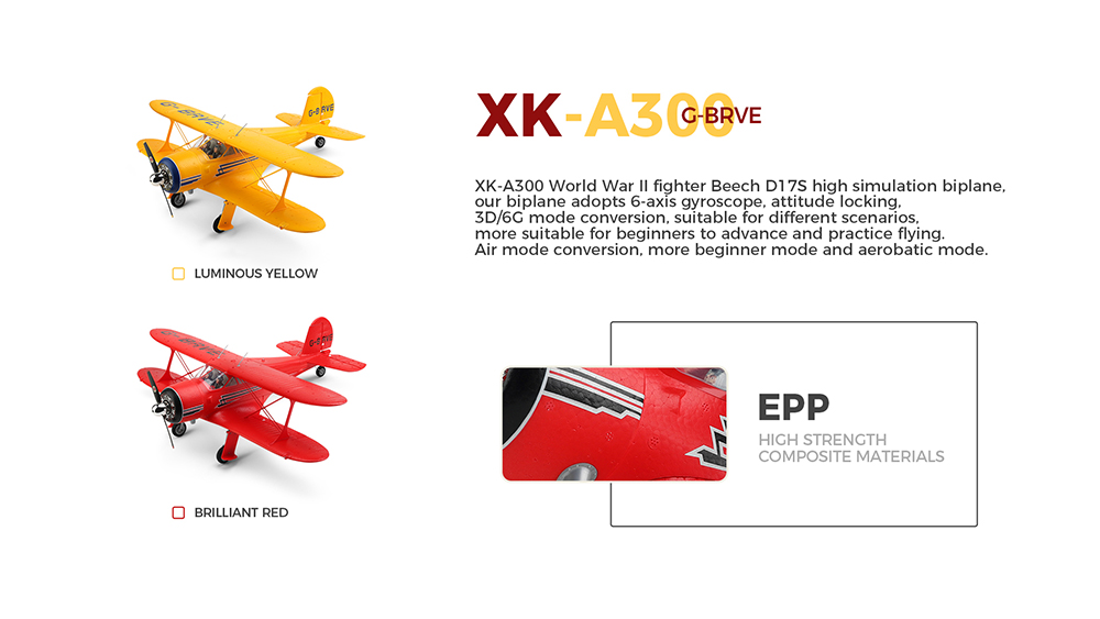 XK A300-Beech D17S 550mm Wingspan 2.4GHz 4CH 3D/6G System EPP Fixed Wing RC Airplane Biplane RTF