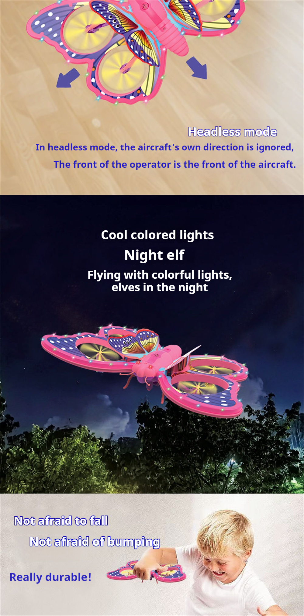 E0-25 Flying Glitter Butterflying Intelligent Gravity Sensor Obstacle Altitude Hold Mode 360° Filp Colorful LED Lighting 2.4G 4CH RC Toys Kids Gift Drone Quadcopter RTF