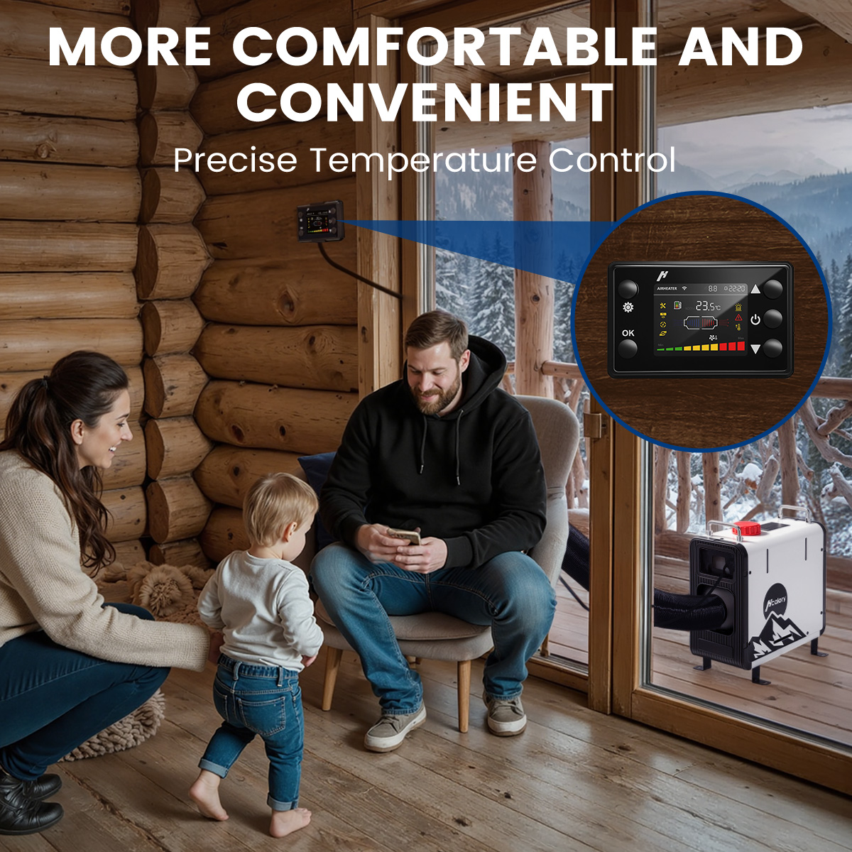 Four key features: Less Fuel Consumption, Time Setting, Auto Start-Stop, Dual-Altitude Mode, illustrated with icons and graphs.