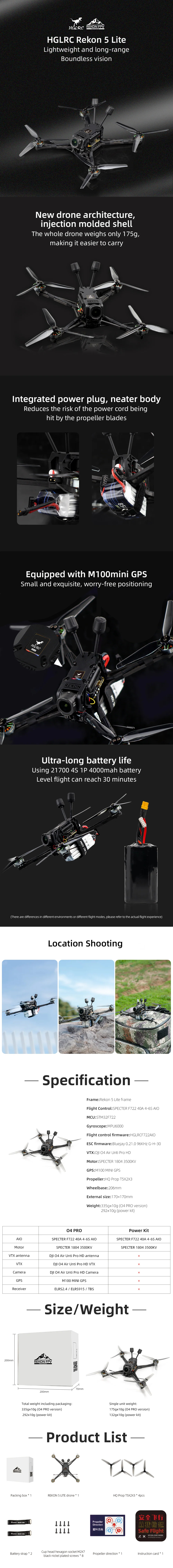 HGLRC Rekon5 Lite HD O4 Pro 206mm 5 Inch 4S Long Range GPS RC FPV Racing Drone PNP BNF with F722 40A MPU6000 AIO