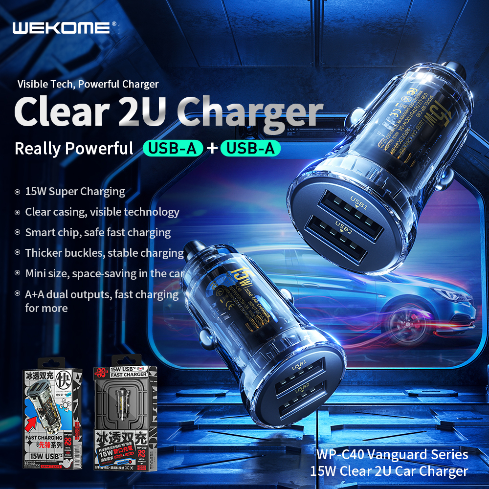 WEKOME WP-C40 15W 2-Port USB Car Charger Adapter Dual USB-A Fast Charging for iPhone 13 14 14Pro 14 Pro Max for Huawei Mate50 for Samsung Galaxy S23 for Redmi K60