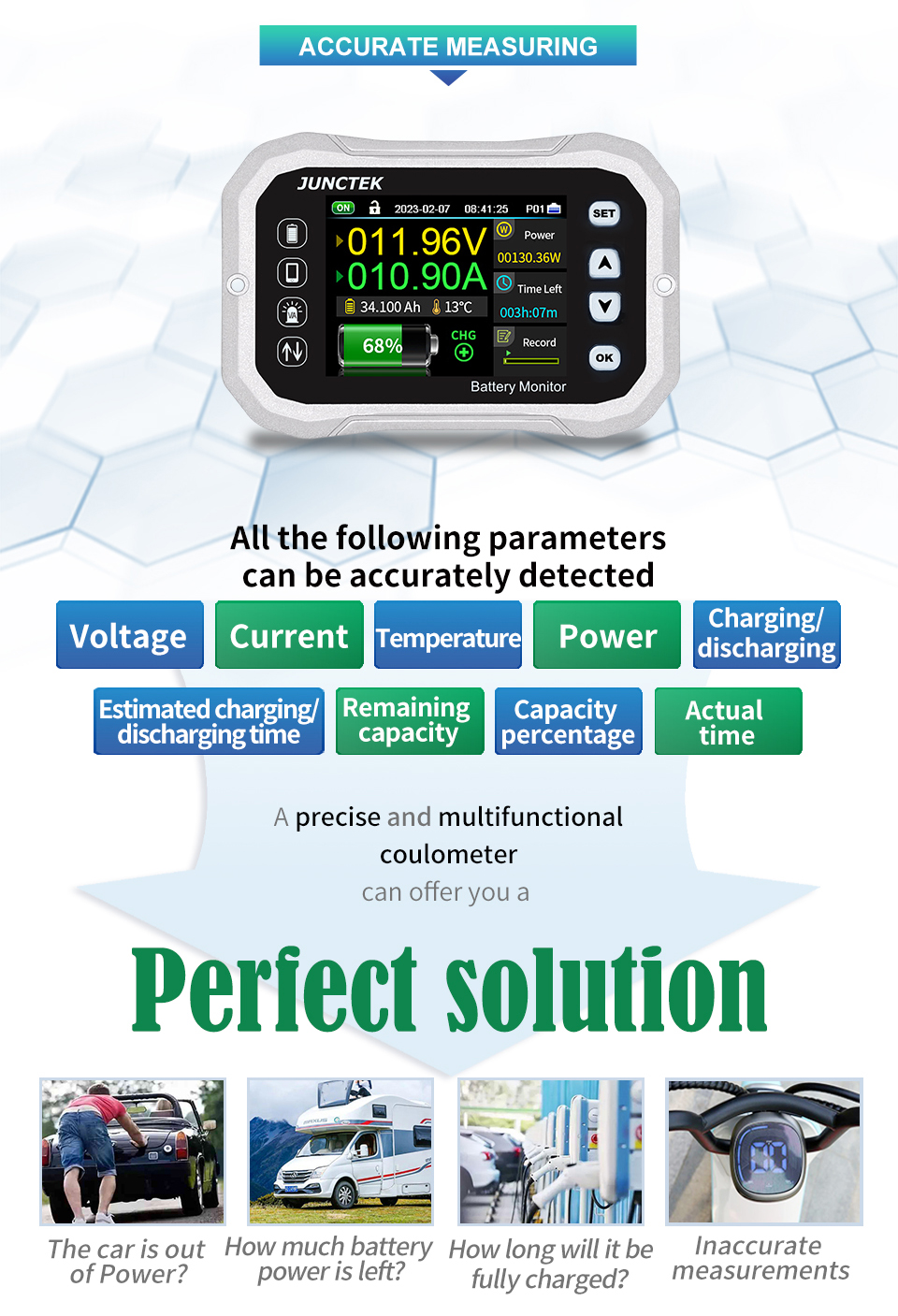 Rieder KL110F Monitor Batteria Bluetooth 0-120V 0-100A – Tester Di Tensione, Capacità E Temperatura Con Sensore Incluso