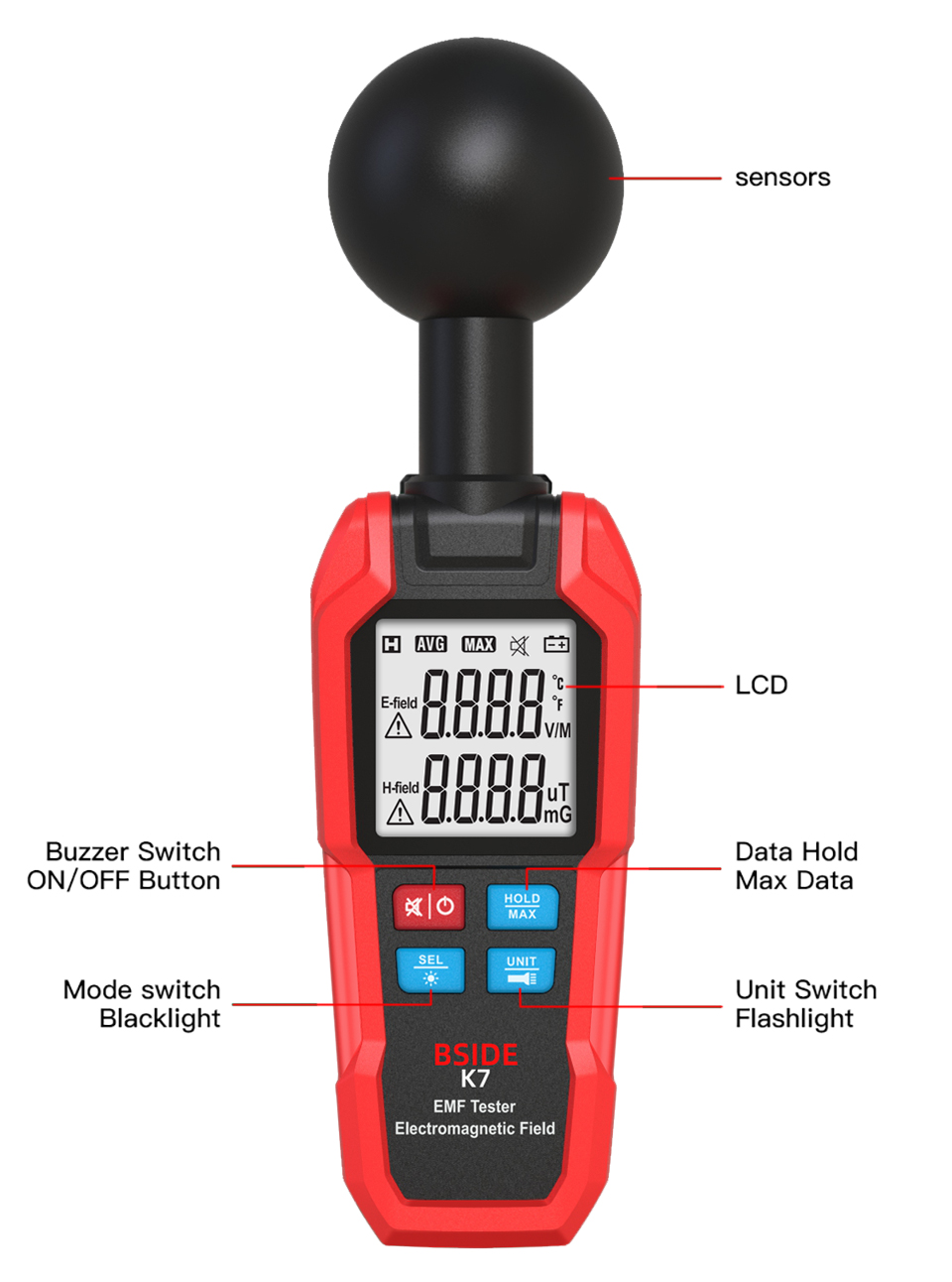 BSIDE EMF Meter Electromagnetic Field Radiation Detector Radiator Tester Handheld Electric Magnetic Dosimeter Geiger Counter K7