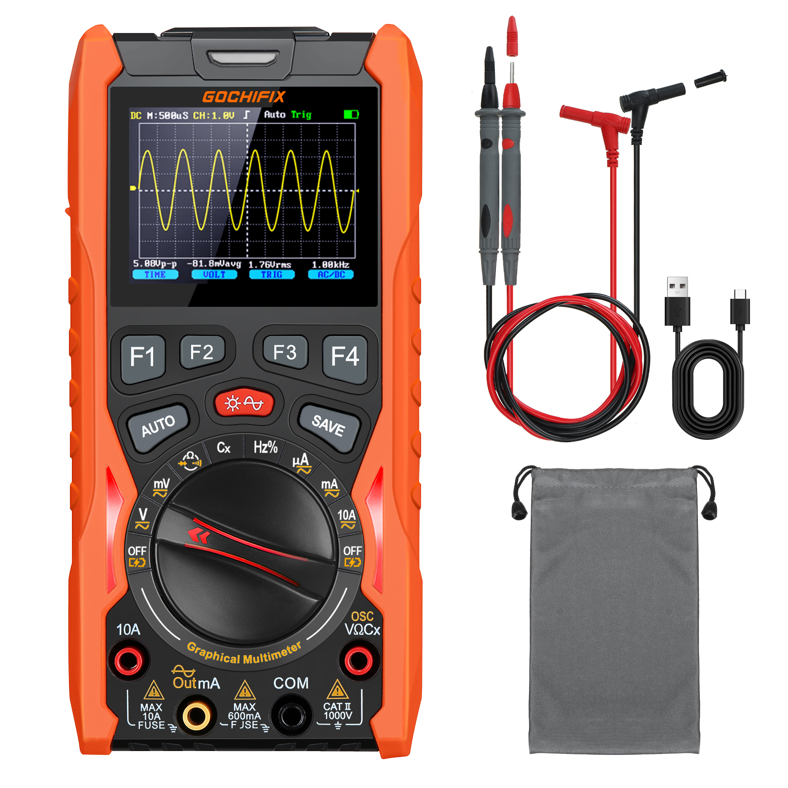 Handheld Oscilloscoop 2-Kanaals, WapoRich 3-in-1 Tablet-Oscilloscoop met Signaalgenerator, 50 MHz, 250 MSa/s, 12 Golfvormen, TRMS 19999 Counts, 64KB Geheugen