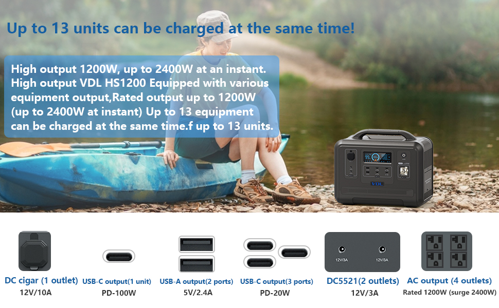 Générateur Portable VDL HS1200 960Wh - Batterie LiFePO4 - 1200W (Pic 2400W) - 11 Ports (2x230V, USB-C PD100W) - Charge Rapide 1h - UPS - Pour Camping, Urgence, Panne - 2
