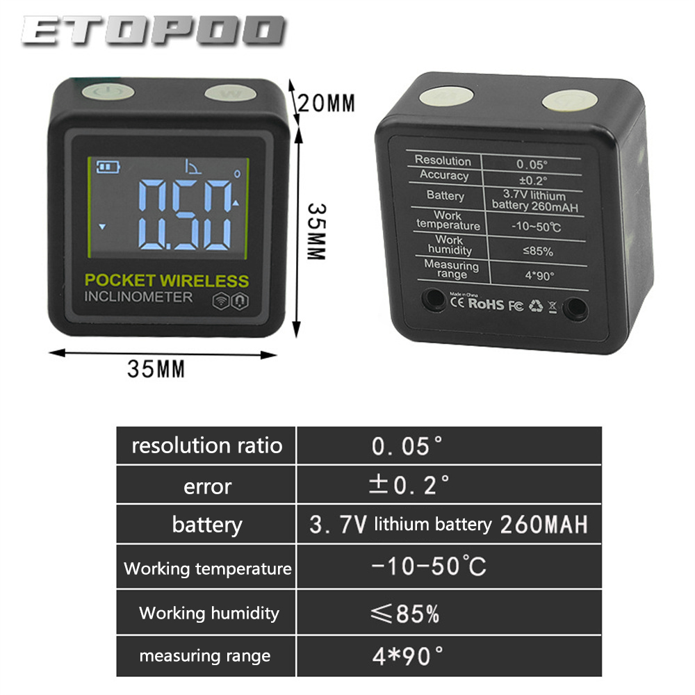 ETOPOO Mini Pocket Inclinometer with Bluetooth Digital Display Angle Measuring Slope Meter for Surveying Construction and Engineering Projects