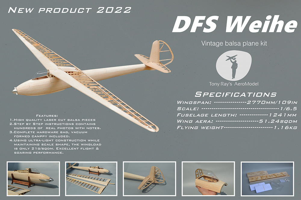 Tony Ray's Aero Model DFS Weihe 1/6.5 2770mm Wingspan Balsa Wood RC Airplane Glider KIT