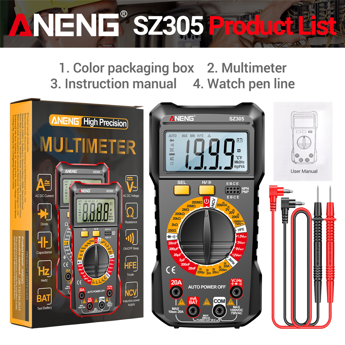 ANENG SZ305 1999 Counts Multimeter Capacitor Testers Professional Smart Voltmeter AC/DC Votage Current Resistance Ohm Test Tools