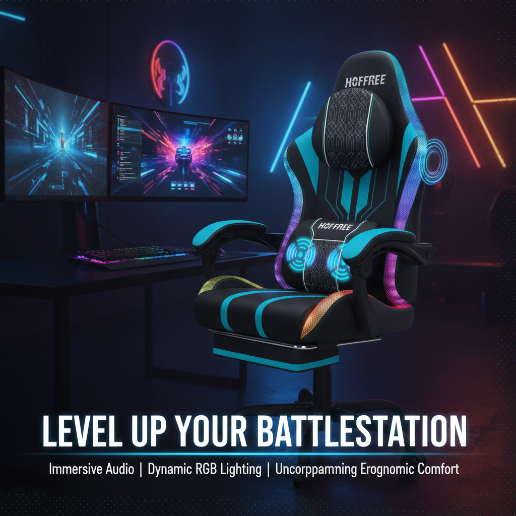 Hoffree RGB LED Gaming Chair Bluetooth Speaker Ergonomic Massage Lumbar High Back Recliner with Footrest 400lbs Heavy Duty Big Tall PU Leather Swivel Computer Desk Seat for Adults Hoffree